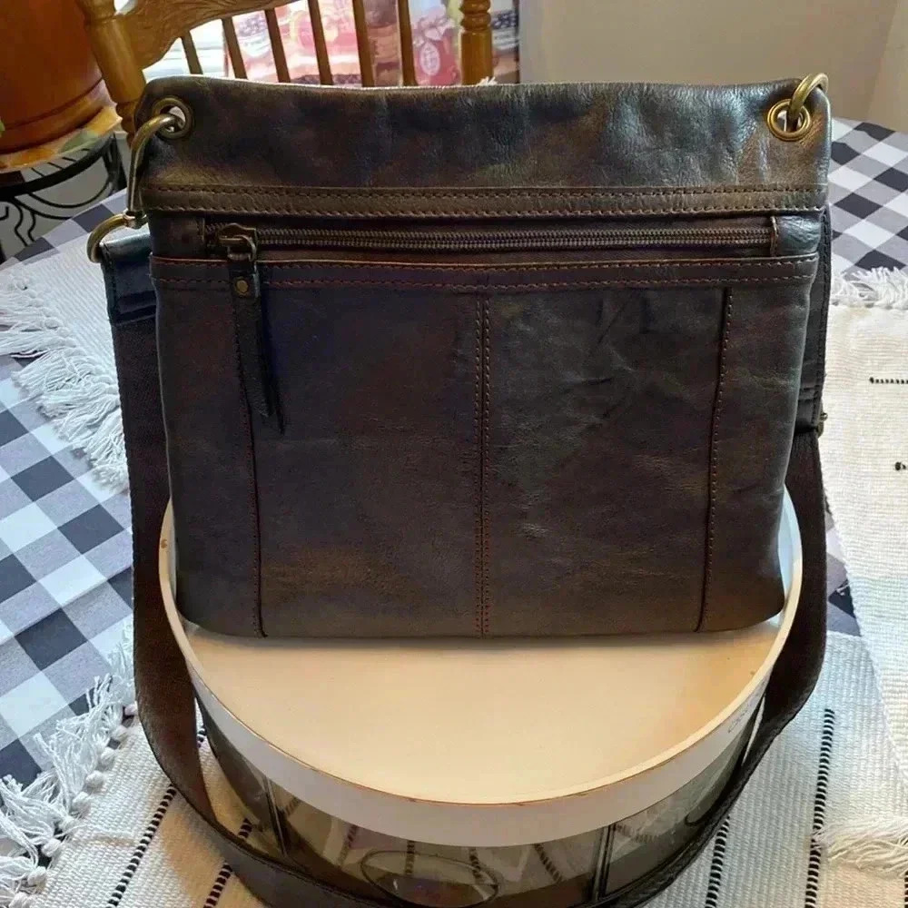 Fossil Leather Grey Rustic Crossbody Shoulder Bag Purse ~ Brass Hardware - Picture 7 of 14